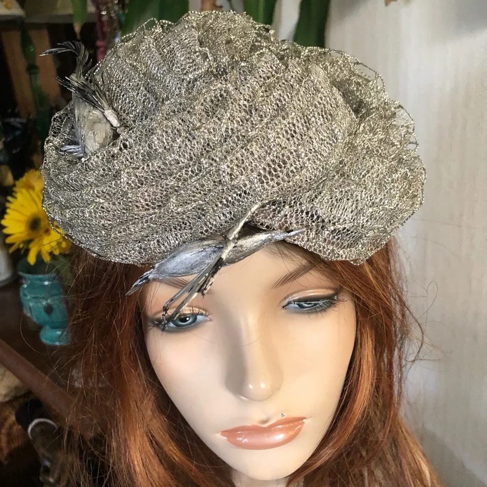 Antique Silver Metallic Hat w Birds - Picture 2 of 11